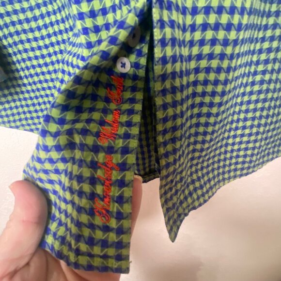 Robert Graham Button Down Shirt Mens XL Green & Blue Geometric Flip Cuff Preppy - Picture 6 of 15